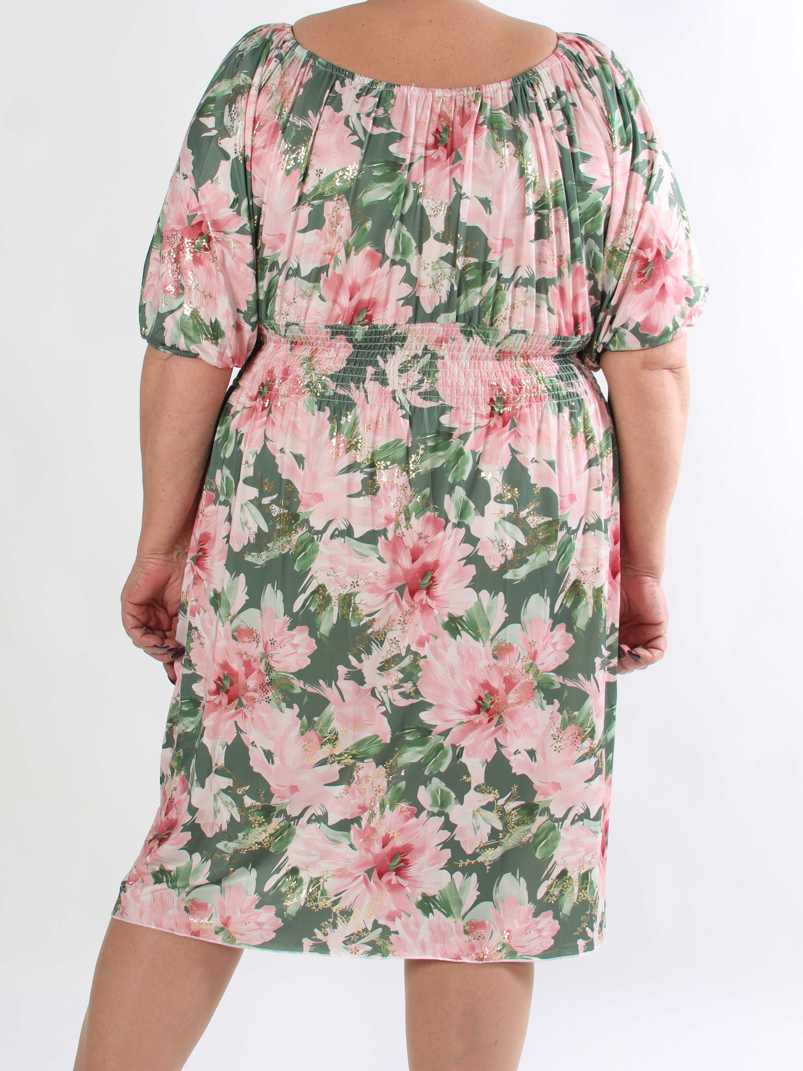 Cora Flower Midi - Elastisk blomstret plus size kjole med guld print